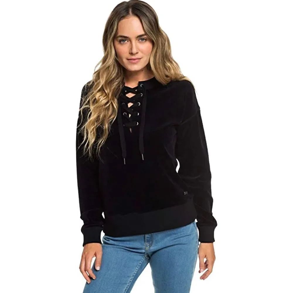 Roxy over the falls, women’s textured, ribbed, long sleeve sweatshirt, black siz